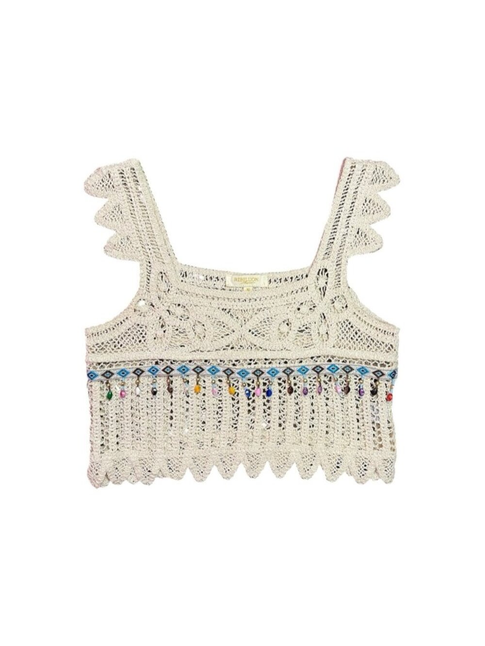 Rebellion Again Crochet Crop Top Medium Cream Multicolour Beaded Fringe